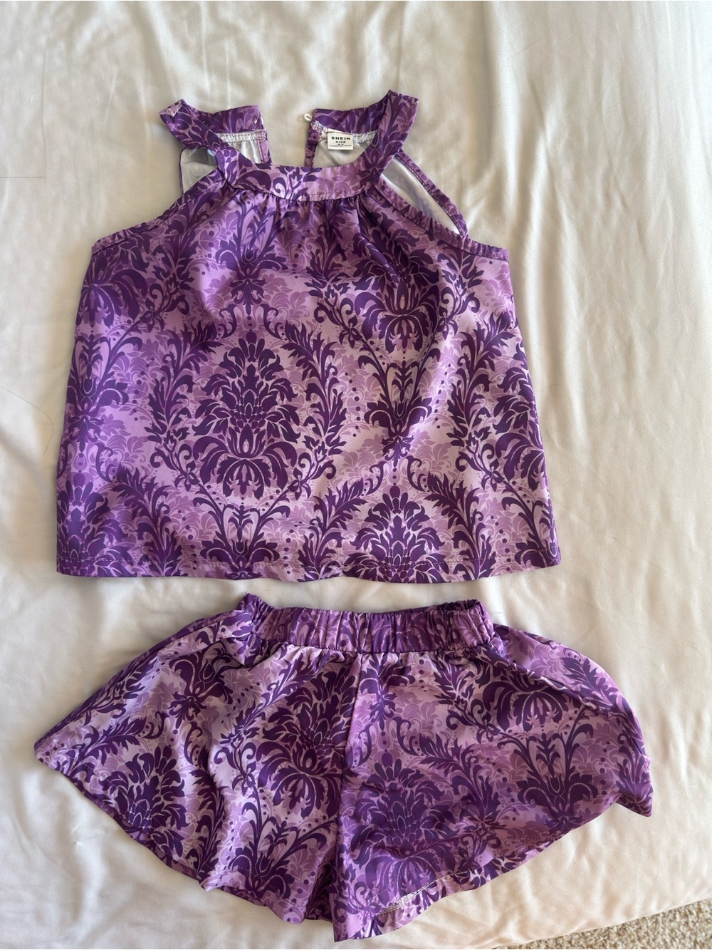 SHEIN Purple Floral Damask Girls Matching Tank & Shorts Set